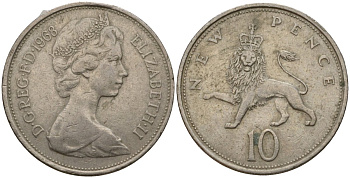 Великобритания 10 пенсов 1968 Елизавета II (1952-2022) KM 912, Spink 4231 (F1) медно-никель 4599-246