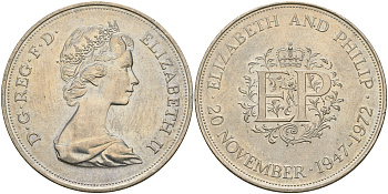 Великобритания 25 пенсов 1972 25 лет со дня свадьбы Елизавтеы II И Филлипа (1947-1972, серебрянная свадьба), Елизавета II (1952-2022) KM 917, Spink 4226 медно-никель UNC 4552-1232