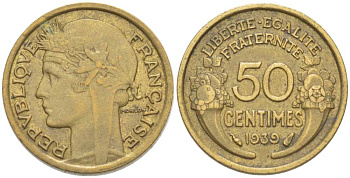 ФРАНЦИЯ 50 САНТИМОВ 1939 ТИП МОРЛОН KM 894.1, LE FRANC 192.15 алюминиевая бронза 3309-1258