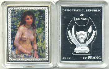 Конго 10 франков 2009 серия шедевры мировой живописи, ОГЮСТ РЕНУАР, ОБНАЖЕННАЯ НА СОЛНЦЕ, серебрение, размер 35Х46 мм., цветная эмаль медно-никель PROOF M43-3