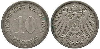 Германия 10 пфеннигов 1903 F KM 12, Jager 13, Weege 8 медно-никель 219-357