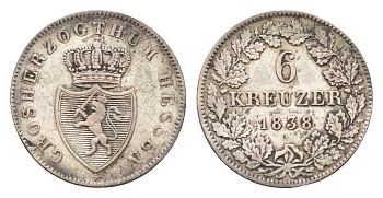 Гессен-Дармштадт 6 крейцеров 1838 Людвиг II (1830-1848) KM 306, AKS 108 серебро 1531-1223