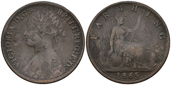 Великобритания 1 фартинг 1865 Виктория (1837-1901) KM 747.2, Spink 3958 бронза 4596-929