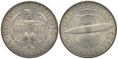 Германия 3 марки 1930 F, полет дирижабля граф Цеппелин J. 342, KM 67 серебро UNC 00-814-58