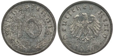 Германия 10 рейхспфеннигов 1947 F, оккупация Германии союзными войсками J. 375, KM A104 цинк UNC 4127-1223