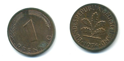ФРГ 1 ПФЕННИГ 1976 J KM105, J.380 сталь плакированная медью 3999-1046