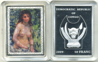 Конго 10 франков 2009 серия шедевры мировой живописи, ОГЮСТ РЕНУАР, ОБНАЖЕННАЯ НА СОЛНЦЕ, серебрение, размер 35Х46 мм., цветная эмаль медно-никель PROOF M43-3