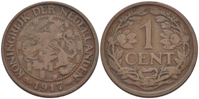 НИДЕРЛАНДЫ 1 ЦЕНТ 1917 ВИЛЬГЕЛЬМИНА (1890-1948) KM 152 бронза 100-741