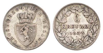 Гессен-Дармштадт 6 крейцеров 1838 Людвиг II (1830-1848) KM 306, AKS 108 серебро 1531-1223