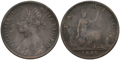 Великобритания 1 фартинг 1865 Виктория (1837-1901) KM 747.2, Spink 3958 бронза 4596-929