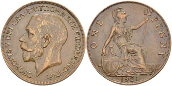 Великобритания 1 пенни 1921 Георг V (1910-1936) KM 810, Spink 4051 бронза 180-123