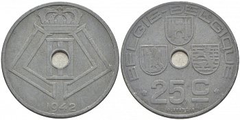 БЕЛЬГИЯ 25 САНТИМОВ 1942 BELGIE-BELGIQUE, ГЕРМАНСКАЯ ОККУПАЦИЯ, ВТОРАЯ МИРОВАЯ ВОЙНА KM 132 цинк 87-1546
