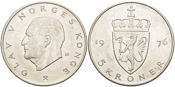 Норвегия 5 крон 1976 Улаф V (1958-1991) KM 420 медно-никель 41-545