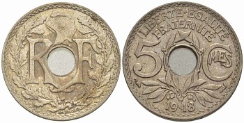 ФРАНЦИЯ 5 САНТИМОВ 1918 ТИП ЛИНДАЙЁ KM 865, LE FRANC 121.2 медно-никель 28-255