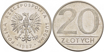 ПОЛЬША 20 ЗЛОТЫХ 1987 MW KM 153.1 медно-никель 77-715