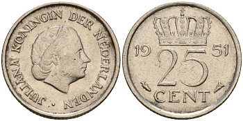 Нидерланды 25 центов 1951 Юлиана (1949-1980) KM 183 никель    4598-348