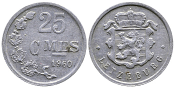 ЛЮКСЕМБУРГ 25 САНТИМОВ 1960 KM 45а.1 алюминий 4383-434