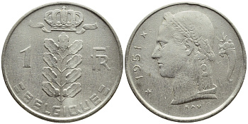 БЕЛЬГИЯ 1 ФРАНК 1951 BELGIQUE KM 142.1 медно-никель 4390-416