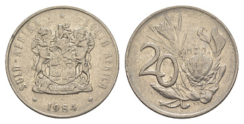 ЮАР 20 центов 1984 герб, цветок протея KM 86 никель 4633-457