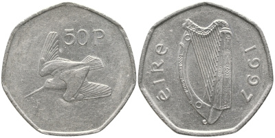 ИРЛАНДИЯ 50 ПЕНСОВ 1997 ВАЛЬДШНЕП KM 24 медно-никель 47-315