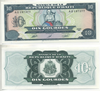 ГАИТИ 10 ГУРДОВ 1991 Pick 256а бумага UNC (ПРЕСС) 7457-14-3