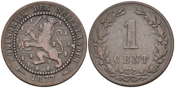 Нидерланды 1 цент 1877 Виллем III (1849-1890) KM 107 бронза 4576-522