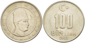 Турция 100000 лир 2003 Мустафа Кемаль Ататюрк KM 1106 медь никель цинк 217-921
