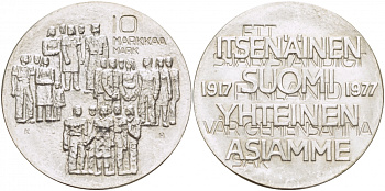 Финляндия 10 марок 1977 K-H, 60 лет независимости (1917-1977) KM 55 серебро UNC 1515-1435