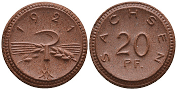 Саксония 20 пфеннигов 1921 колосья и серп J. N 53 фарфор UNC 1094-8-71
