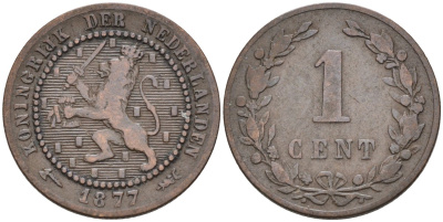 Нидерланды 1 цент 1877 Виллем III (1849-1890) KM 107 бронза 4576-522