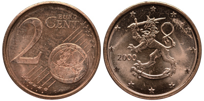 ФИНЛЯНДИЯ 2 ЕВРОЦЕНТА 2000 KM 99 сталь плакированная медью UNC 4181-439