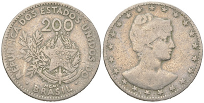 Бразилия 200 реалов 1901 MCMI, голова свободы вправо KM 504 медно-никель 4612-341