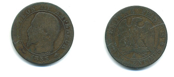 ФРАНЦИЯ 5 САНТИМОВ 1853 А, НАПОЛЕОН III (1852-1870) KM 777.1, LE FRANC 116.1 бронза 84-532