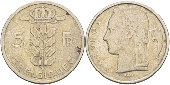 БЕЛЬГИЯ 5 ФРАНКОВ 1950 BELGIQUE, БОДУЭН I (1951-1993) KM 134.1 медно-никель 4546-321