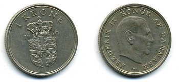 ДАНИЯ 1 КРОНА 1970 C; S, ФРЕДЕРИК IX (1947-1972) KM 851.1 медно-никель 56-537
