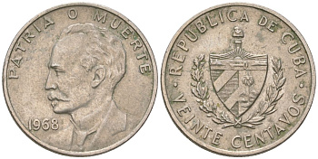 Куба 20 сентаво 1968 Хосе Марти KM 31, Y 25, Schoen 29 медно-никель 4513-1126