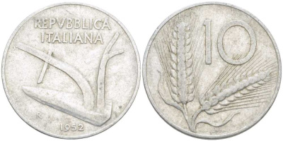 ИТАЛИЯ 10 ЛИР 1952 R, ПЛУГ, КОЛОСЬЯ KM 93 алюминий 175-334