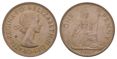 Великобритания 1 пенни 1967 Елизавета II (1952-2022) KM 897, Spink 4157 бронза 4661-1036