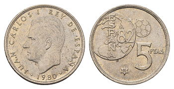 Испания 5 песет 1980 (81) Хуан Карлос , чемпионат мира по футболу, Испания 1982 KM 817 медно-никель 3336-557