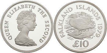 Фолклендские острова 10 фунтов 1979 серия сохраним наш мир, утка - пароход, тираж 3247 экземпляров KM 12 серебро PROOF 1074-4-61