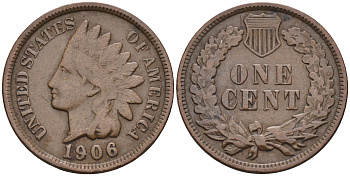 США 1 цент 1906 индеец, Indian head KM 90a бронза    4169-123