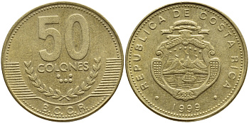 КОСТА-РИКА 50 КОЛОН 1999 B.C.C.R., ГОД ТИП KM 231.1 латунь 61-1244