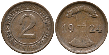 ГЕРМАНИЯ 2 РЕНТЕНПФЕННИГА 1924 F KM 31, J. 307 бронза 24-456