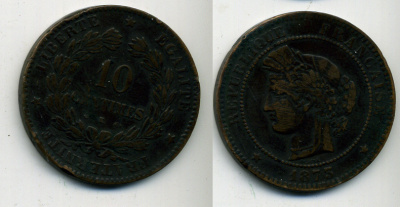 ФРАНЦИЯ 10 САНТИМОВ 1873 K, ТРЕТЬЯ РЕСПУБЛИКА (1871-1940) KM 815.2, LA FRANC 135.11 бронза 41-1146