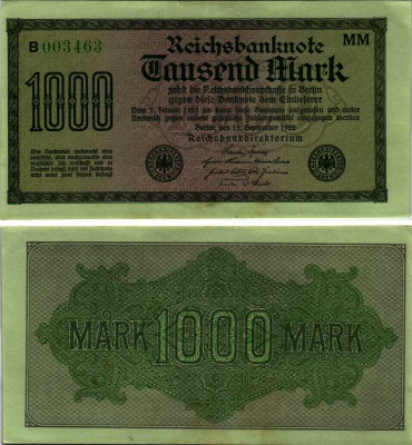 ГЕРМАНИЯ 1000 МАРОК 1922 15 СЕНТЯБРЯ 1922, ЗЕЛЁНАЯ БУМАГА, ВОДЯНОЙ ЗНАК К Pick 76h бумага 7487-17-1