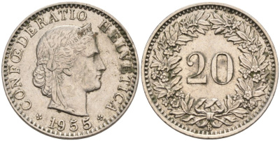 Швейцария 20 раппенов 1955 В KM 29а медно-никель 92-1252