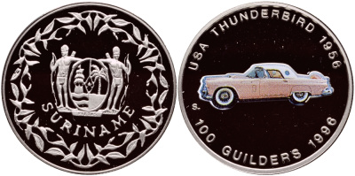 Суринам 100 гульденов 1996 США, Thunderbird 1956, эмаль KM 46 медно-никель PROOF 1524-645