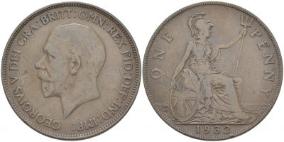 Великобритания 1 пенни 1932 Георг V (1910-1936) КМ 838, Spink 4055 бронза 3996-142
