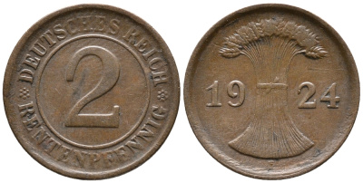 ГЕРМАНИЯ 2 РЕНТЕНПФЕННИГА 1924 F KM 31, J. 307 бронза 24-456