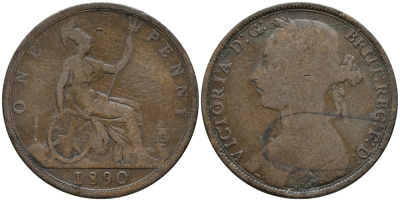Великобритания 1 пенни 1890 Виктория (1837-1901) KM 755, Spink 3954 бронза 32-813